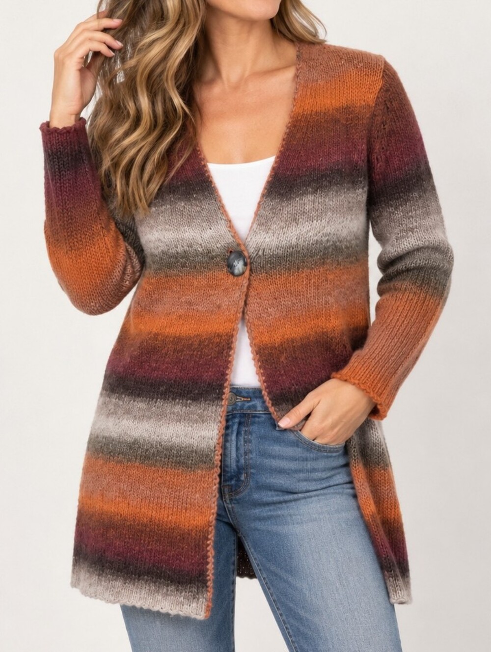 J. Jill Ombre Striped Wool Blend Cardigan Sweater Size M Rust Orange
